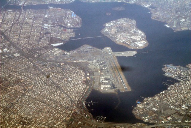 The Bowery Bay Wastewater Treatment Plant is seen along the Queens shoreline just above the Rikers Island Bridge.