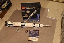 #17 is the Apollo 11 Saturn V rocket, and contains 1969 pieces, a number chosen to match the year of the first Moon landing. Lego Saturn V rocket.jpg