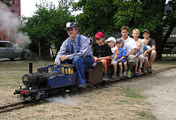 A propane fired 1:8 scale live steam train running on the Finnish Railway Museum's miniature
7+1/4 in (184 mm) track. Livesteamtrain.jpg