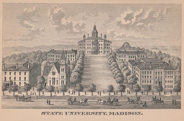 An early illustration of the campus, from the 1885 edition of the Wisconsin Blue Book.