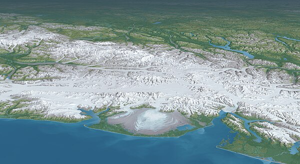 3D rendered panorama of the Saint Elias Mountains and Malaspina Glacier