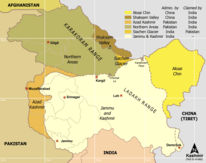 Kort over de territorier, der administreres og kræves af Kina, Indien og Pakistan.