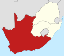 Map of the Cape Province (red) within South Africa. Map of the provinces of South Africa 1976-1994 with the Cape highlighted.svg