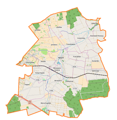 Mapa konturowa gminy Mełgiew, blisko centrum na prawo znajduje się punkt z opisem „Trzeciaków”