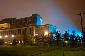East facing view of Memorial Stadium at night.