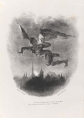 Mephistopheles (a medieval demon from German folklore) flying over Wittenberg, in a lithograph by Eugene Delacroix. Mephistopheles2.jpg