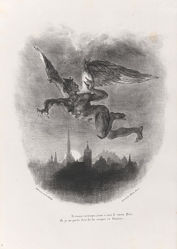 Mephistopheles (a medieval demon from German folklore) flying over Wittenberg, in a lithograph by Eugène Delacroix.