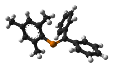 Ball-and-stick model of mesityldiphenylmethylenephosphine, a phosphaalkene Mesityldiphenylmethylenephosphine-from-xtal-1986-3D-balls.png