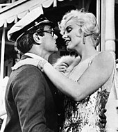 Tony Curtis as "Shell Oil Junior" and Marilyn Monroe as Sugar Monroe and Curtis in Some Like it Hot.JPG