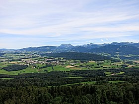 Widok Mont Vuarat pośrodku zdjęcia z wieży przekaźnikowej Mont Pèlerin.