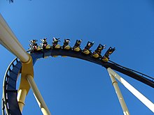 One of Montu's trains exiting the Immelmann loop Montu at Busch Gardens Tampa Bay 2.jpg