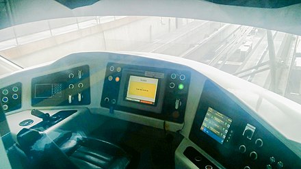 Driver's cab of the SUTRA with the vehicle management system visible