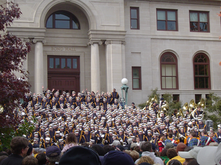 The Band of the Fighting Irish plays on the steps of Bond Hall before every home game