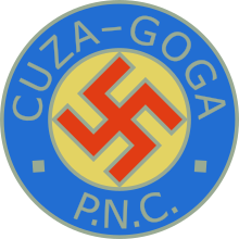 Logo of the National Christian Party featuring a swastika, the initials of the party and the names of its joint leaders, A. C. Cuza and Octavian Goga