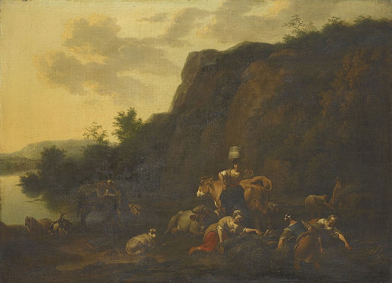 File:Nicolaes Berchem (Haarlem 1620-Amsterdam 1683) - Landscape with Women Gathering Reeds and a Milkmaid - RCIN 404623 - Royal Collection.jpg