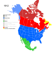 Mapa mostrando o controle de nações não nativas americanas sobre a América do Norte c.  1912