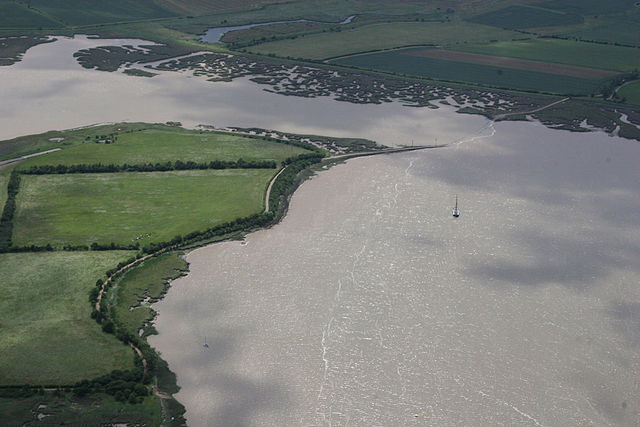 The battlefield from the air. Earl Byrhtnoth's forces were drawn up on the shore (top); Olaf's men had to cross the causeway from Northey Island (left