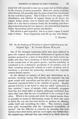اولین صفحه از مقاله داروین که در اوت ۱۸۵۸ منتشر شد: نشریه: «جانورشناسی» انجمن لینه، جلد ۲۰