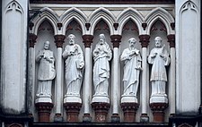 Statues of the St. Ignatius, St. Francis Xavier, Sacred Heart of Jesus, St. Peter, and St. John de Britto Our Lady of Lourdes Church, Tiruchirappalli JEG4120.jpg