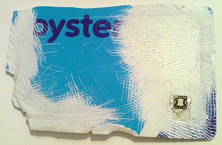An RFID tag, exposed by the damage to this Oyster card