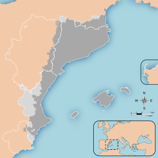 Estensione della lingua catalana. Attualmente, il catalano è parlato nel principato di Andorra; in Spagna (in Catalogna, Comunità Valenzana, Isole Baleari e Striscia d'Aragona); in Italia (ad Alghero); e in Francia (nella regione di Rossiglione).