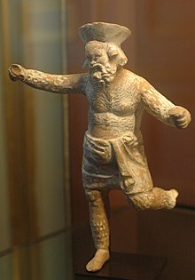 Papposilenus - a representation of Silenus as an old man, a stock character in satyr plays. He is playing crotales (cymbals). Papposilenus crotals Louvre CA942.jpg
