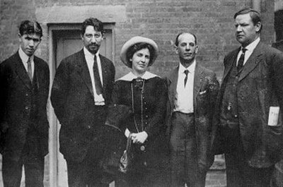 Carol Weiss King's client Elizabeth Gurley Flynn, shown here (center) in 1913 photo with Paterson silk strike leaders Patrick Quinlan and Carlo Tresca