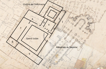 Plan d'une abbaye, avec l'église abbatiale, et sur le flanc gauche, les bâtiments conventuels autour de deux cloîtres