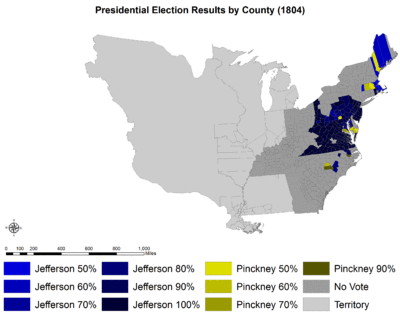 Results by county explicitly indicating the percentage of the winning candidate in each county. Shades of blue are for Jefferson (Democratic-Republican) and shades of yellow are for Pinckney (Federalist). PresidentialCounty1804.gif