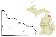 Presque Isle County Michigan Eingemeindete und nicht eingetragene Gebiete Onaway Highlighted.svg