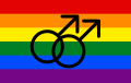 Rainbow pride flag overlaid with a black double Mars symbol