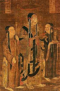 Painting of Prince Shōtoku with two attendants. Colors on silk, Kamakura Period, 13th century