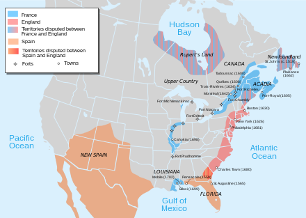 Map of North America in 1702 showing forts, towns and (in solid colors) areas occupied by European settlements