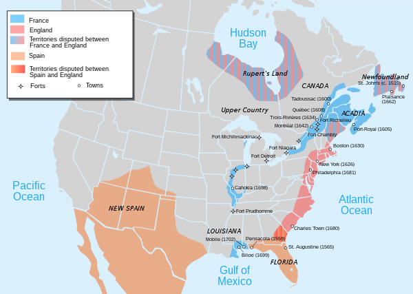 Map of North America's political divide during the 17th century, showing forts, towns and areas occupied by European settlements: Britain (pink), France (blue), and Spanish claims (orange).
