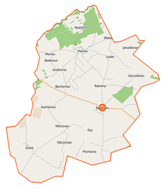 Mapa konturowa gminy Radomin, na dole po lewej znajduje się punkt z opisem „Dulsk”