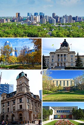 De cima, da esquerda para a direita: Centro de Regina; Edifícios vistos do Parque Victoria; Edifício Legislativo de Saskatchewan; Edifício Prince Edward; Biblioteca John Archer; Museu Real de Saskatchewan.