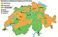 Vjere u Švicarskoj 1800. godine. Narančasto: većinski protestanti. Zeleno: većinski rimokatolici.