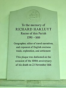 Modern memorial to Richard Hakluyt in the chancel of All Saints' Church, Wetheringsett, Suffolk