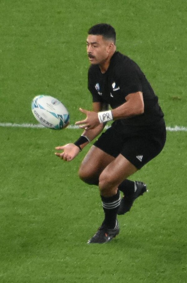 Mo'unga representing New Zealand during the Rugby World Cup