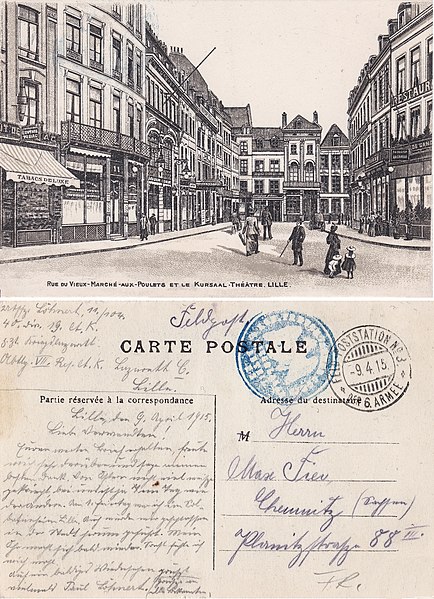 File:Rue du Vieux Marché aux Poulets et le Kursaal -Théâtre — Lille. vº-rº.jpg