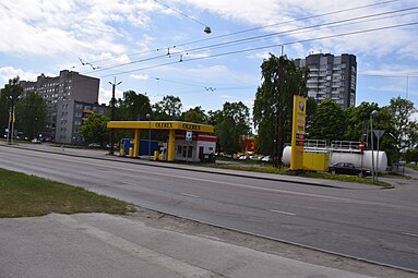 Дом 47 (крайний слева), супермаркет «Pelgulinna Selver» и автозаправка «Olerex»[эст.]