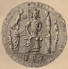 Seal of Scone Abbey, made c. 1250. The Earl of Fife's shield is shown at the bottom-left, displaying the early striped version SconeAbbeySeal1.JPG