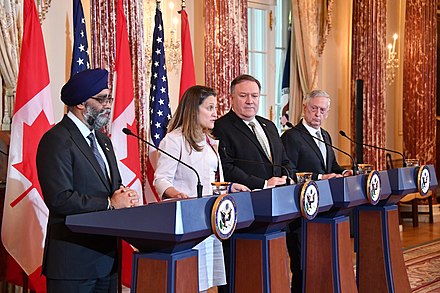 Sajjan with U.S. Secretary of State Mike Pompeo and U.S. Secretary of Defense James Mattis in December 2018