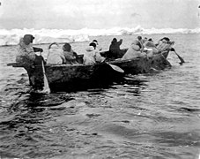 Several Eskimo people paddling umiak near ice floes in Bering Sea, circa 1908-1915 (AL+CA 6435).jpg