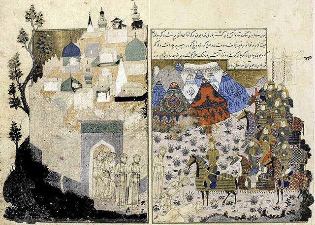 Ghiyath al-Din Tughluq leading his troops in the capture of the city of Tirhut (1324). A 1410 Jalayrid Mongol illustration of the Basātin al-uns, a bo