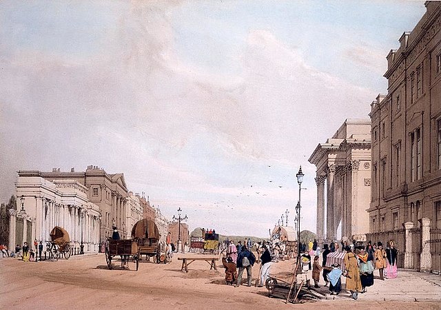 Hyde Park Corner in 1842, looking east towards Piccadilly. The entrance to Hyde Park through Decimus Burton's Ionic Screen is on the left, and behind 