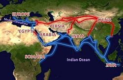 Ősi szárazföldi (piros) és tengeri (kék) útvonalak