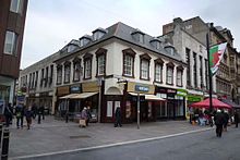 The site of the medieval town hall at the junction of High Street and St Mary Street St Mary Street and Church Street junction - Cardiff.jpg
