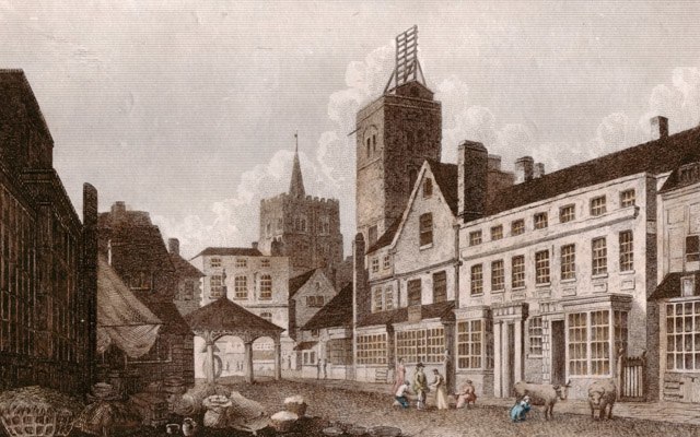 St Albans High Street in 1807, showing the shutter telegraph on top of the city's Clock Tower