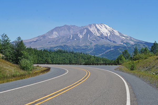 A curve on SR 504 as it approaches Mount St. Helens from the northwest